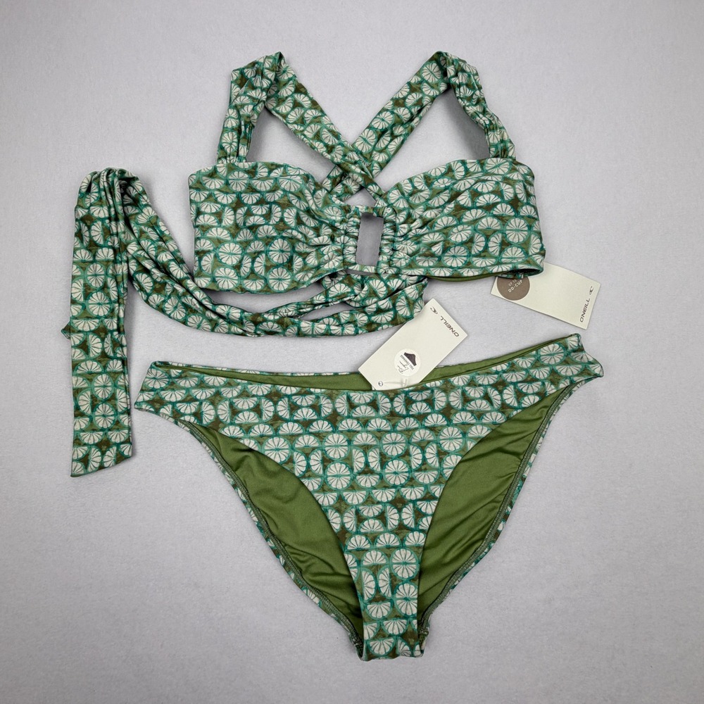 ONeill Womens Green Abstract Shell Burleigh Wrap Bikini Set XL DD-Cup